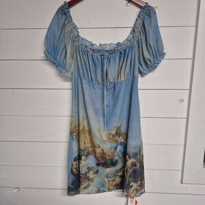 Cider Mesh Angel Print Mini Dress With Puff Sleeves & Ruffled Square Neckline